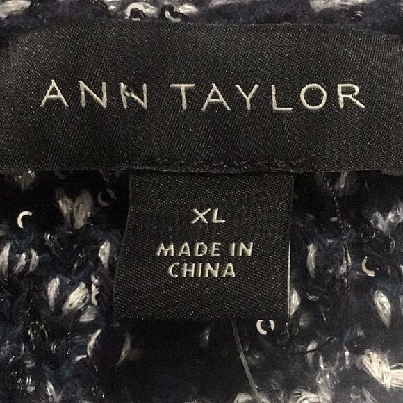 Ann Taylor Navy Blue Metallic Silver Sequin Boat Neck Fringed Knit Sweater - Picture 14 of 16